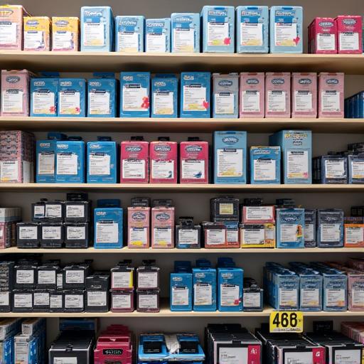 Shelves neatly stocked with a variety of ink and toner cartridges.