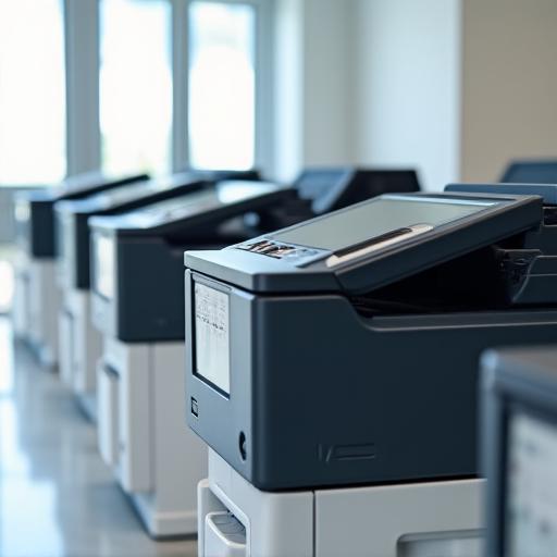 A row of professionally refurbished office printers ready for sale.