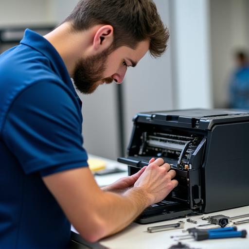 A technician wearing a polo shirt carefully inspecting the inside of a printer.