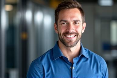 A close-up of a smiling, confident technician looking at the camera.